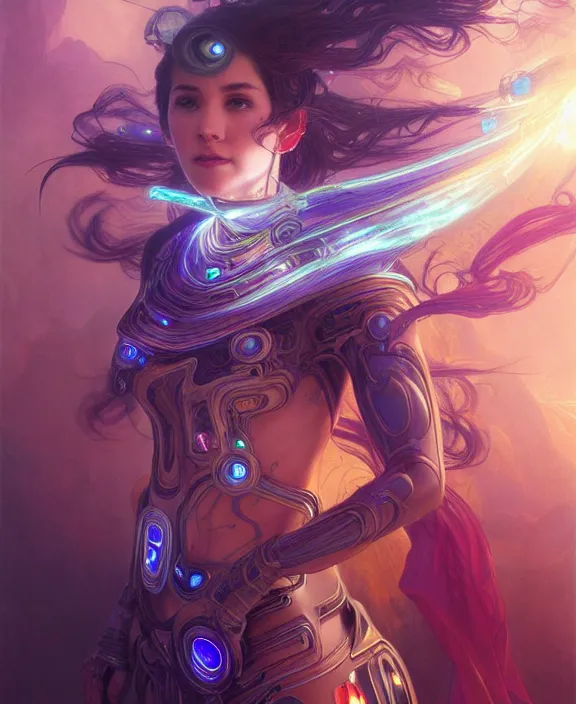 Image similar to a whirlwind of souls rushing inside the metaverse, half body, glowin eyes, tiara with sapphire, pharaoh, android, cyberpunk, d & d, fantasy, intricate, elegant, highly detailed, colorful, vivid color, digital painting, artstation, concept art, art by artgerm and greg rutkowski and alphonse mucha and ruan jia