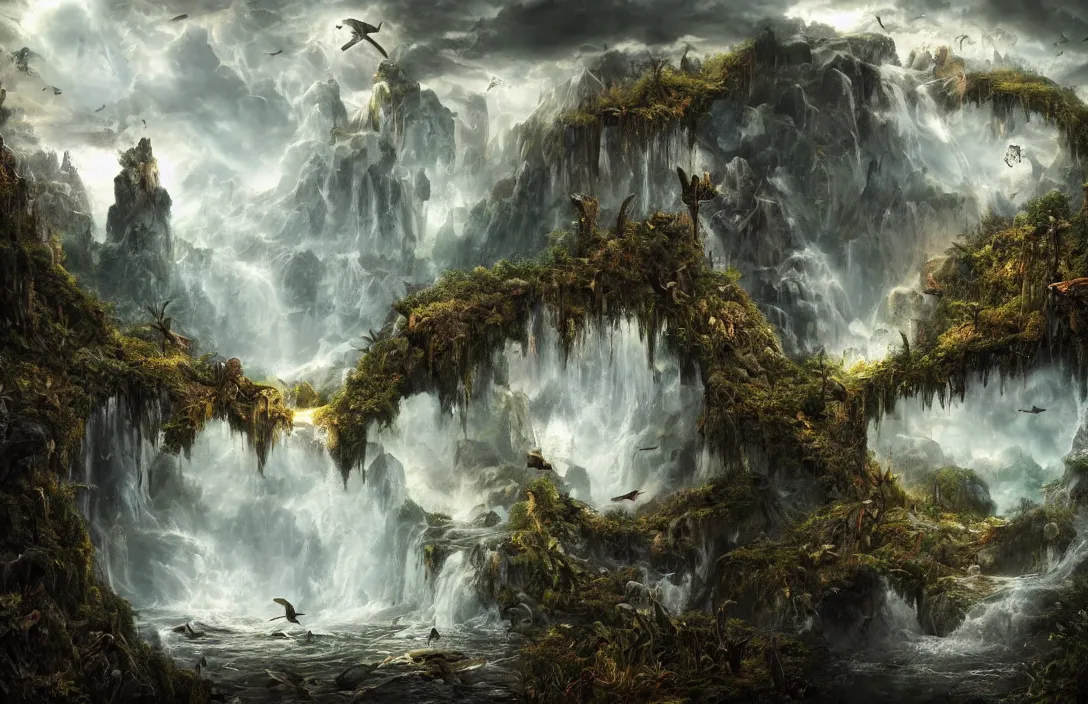 Image similar to a hymn of beautiful mysthic landscape and a huge skull overgrown, in the style of dylan cole, martin dechambault, detailed dreamscape, hyperreal phantastic, intricate details in environment, golden ratio, high aestehtic, waterfalls and lakes, cinematic light dramatic light, lightrays, flying birds in distance, trending on artstation