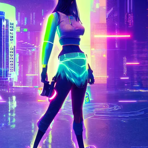 Prompt: a cyberpunk woman with rainbow hair wearing a mini skirt, vaporwave, glitch art, 9 0 s vhs aesthethic, digital art by wlop, by greg rutkowski, neon lights, octane render