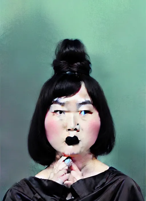 Image similar to portrait of a plump asian woman with a crooked nose and a confident expression, 1 9 6 0 s, black clothes, goth, punk, brightly coloured hair, funk, intricate, elegant, highly detailed, digital painting, artstation, concept art, smooth, sharp focus, illustration, art by wlop, mars ravelo and greg rutkowski