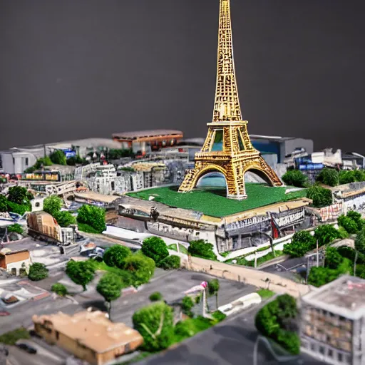 Prompt: a detailed photo of a diorama city, paris eiffel tower, macro photography, model trees, studio lighting, hyperdetailed