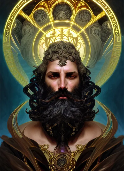 Prompt: furious god zeus, wavy black hair, bushy beard, glowing eyes, volumetric lights, cyan and gold scheme, art nouveau botanicals, gothic, intricate, highly detailed, digital painting, artstation, concept art, smooth, sharp focus, symmetric face, illustration, steampunk, art by artgerm and greg rutkowski and alphonse mucha