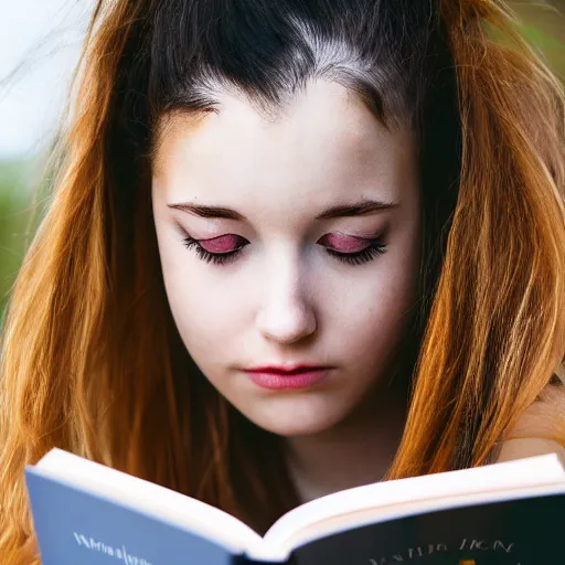 Image similar to a girl reading a book, her hair flowing down, modelsociety, radiant skin, huge anime eyes, rtx on, perfect face, intricate, sony a 7 r iv, symmetric balance, polarizing filter, photolab, lightroom, 4 k, dolby vision, photography award