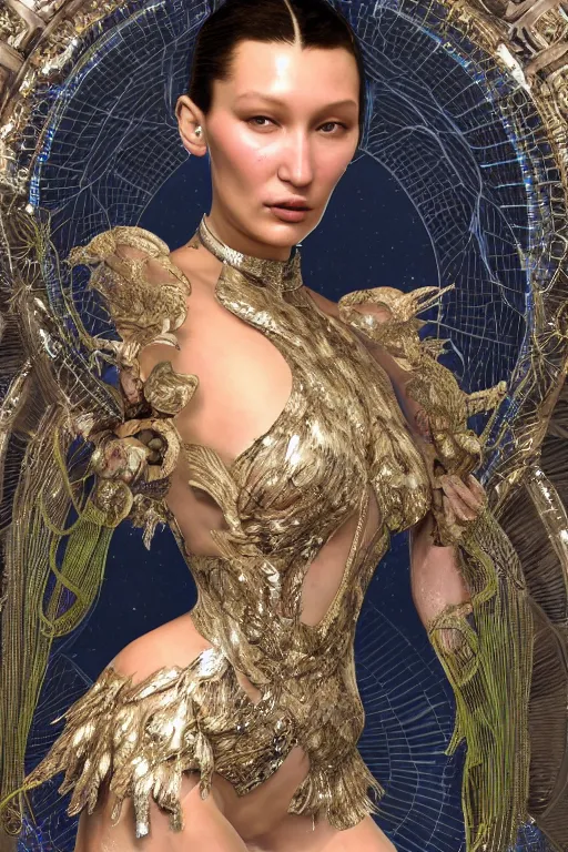 Image similar to a highly detailed portrait of a beautiful alien goddess bella hadid kleopatra in iris van herpen dress in diamonds in style of alphonse mucha art nuvo trending on artstation made in unreal engine 4