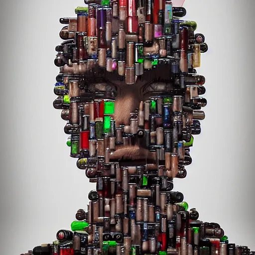 Prompt: potrait of realistic cyborg partlly made of wine bottles. High resolution. Artstation.