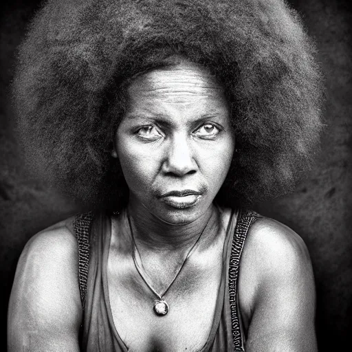 Image similar to photo of an afro woman in the style of lee jeffries