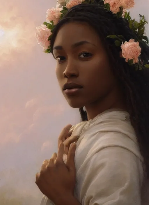 Prompt: oil painting close up portrait of a contemplative young black woman with long flowing hair in a white dress, wearing a crown of white roses!! at sunset, hazy, digital art, chiaroscuro, artstation, cinematic, golden hour, digital art painting by greg rutkowski, william - adolphe bouguereau, hazy atmosphere, cinematic lighting, flowers