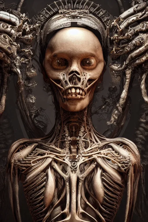 Prompt: biomechanical queen, infinite detail, full shot, smooth, sharp focus, illustration, rembrandt lighting, dark mood, mysterious, concept art, unreal engine 5, 8 k, art by simon bisley and hr giger