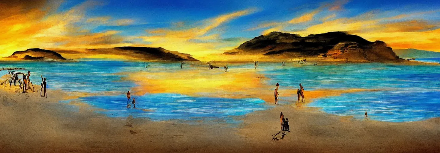 Image similar to People in beach, beach is between the two valleys, by Salvador Dali and Bob Ross collaboration, sun set, digital art, high details, wide shot