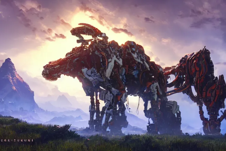 Image similar to grimhorn fanghorn machine mecha animal beast robot of horizon forbidden west horizon zero dawn bioluminiscence global illumination ray tracing hdr fanart arstation by sung choi and eric pfeiffer and gabriel garza and casper konefal