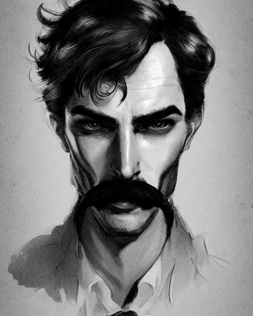 Image similar to a portrait of a male vintage thief with mustache by Cedric Peyravernay