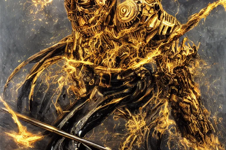 Prompt: Death itself with a scythe, dark God of artificial intelligence creating an artificial neural network with gold synapses on an anvil with his scythe, high resolution, award winning art, trending on art station, sharp image, incredibly detailed, detailed character, realistic painting, hyper-realistic painting, coherent painting, master piece by Kyozu Aroyama