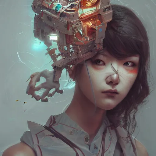 Image similar to hyperrealistic photography of a machine entering a female host in the style of Jin Kagetsu, James Jean and wlop, highly detailed, sharp focus, intricate concept art, digital painting, ambient lighting, 4k, artstation