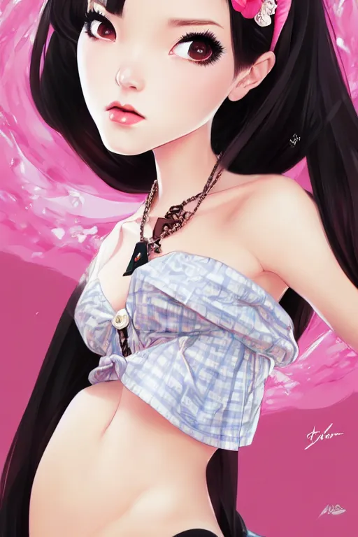 Image similar to a pin up and beautiful fashion dreamlke japan girl with lv jewelry, character art, art by artgerm and wlop and and ilya kuvshinov, hyperdetailed, 8 k realistic, symmetrical, frostbite 3 engine, cryengine, dof, trending on artstation, digital art, chanel, dior, fantasy background