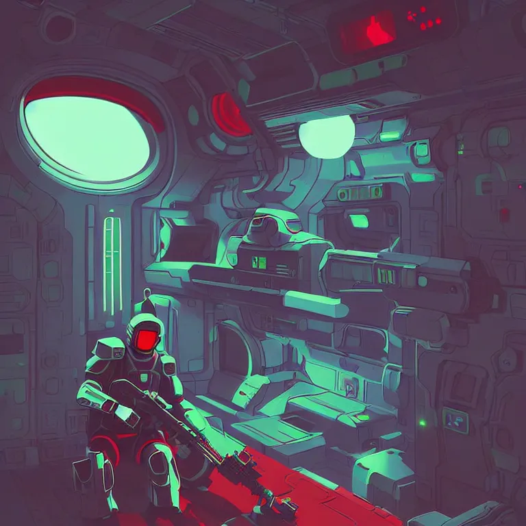 Prompt: A soldier wearing red armor with green visor, high-tech red armor, green visor, green lights in the armor, sci-fi soldier, inside a space station, dark blue space station, dark blue moods, art by James Gilleard, James Gilleard artwork, vintage