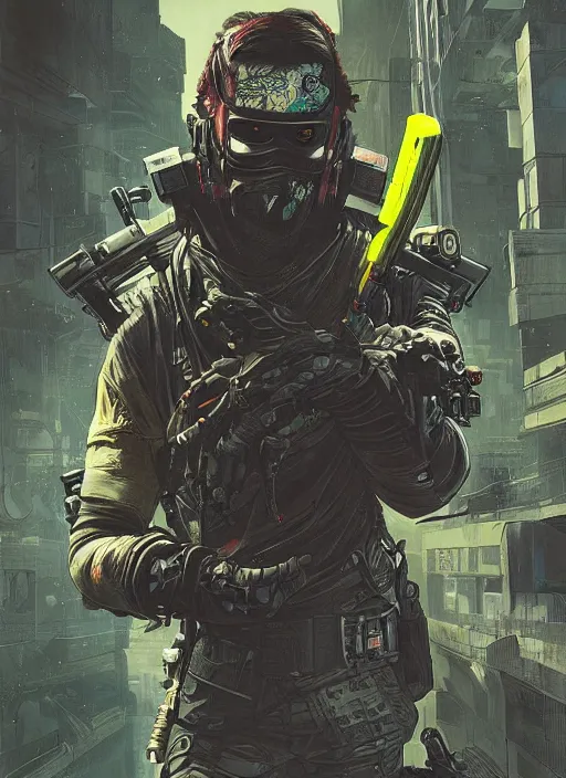 Image similar to cyberpunk blackops ninja. night vision. katana. portrait by ashley wood and alphonse mucha and laurie greasley and josan gonzalez and james gurney. spliner cell, apex legends, rb 6 s, hl 2, d & d, cyberpunk 2 0 7 7. realistic face. dystopian setting.