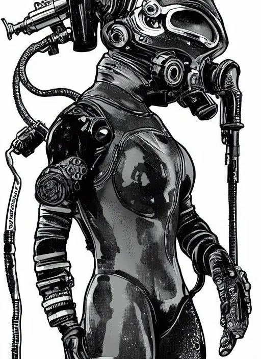 Image similar to cyberpunk deep sea diver. wetsuit. portrait by ashley wood and alphonse mucha and laurie greasley and josan gonzalez and james gurney. splinter cell, apex legends, rb 6 s, hl 2, d & d, cyberpunk 2 0 7 7. realistic face. character clothing. vivid color. dystopian setting.
