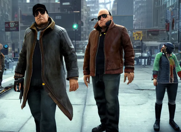 Prompt: video game still of danny devito in the video watch dogs,