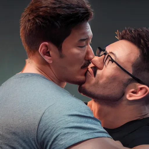 Image similar to markiplier kissing a buff guy, dslr, 8 k, octane beautifully detailed render, cold lighting, cinematic lighting, detailed photo, masterpiece, volumetric lighting, ultra realistic, highly detailed, high quality, lossless, photorealistic