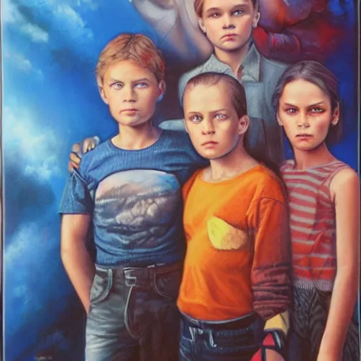 Image similar to four siblings standing together, airbrush art, drew struzan illustration art, key art, portrait