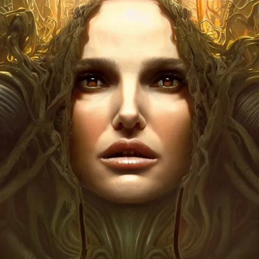 Image similar to a portrait of natalie portman as medusa in dramatic lighting, interior background, artstation, award - winning realistic sci - fi concept art by jim burns and greg rutkowski, beksinski, a realism masterpiece, alphonse mucha,