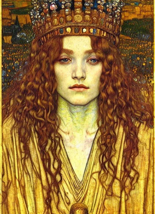 Image similar to detailed realistic beautiful young medieval queen face portrait by jean delville, gustav klimt and vincent van gogh, art nouveau, symbolist, visionary, gothic, pre - raphaelite, muted earthy colors, desaturated