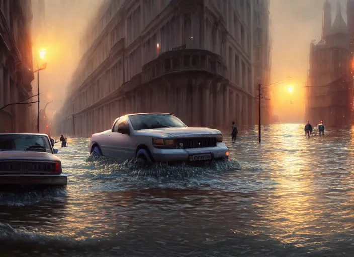 Image similar to cars driving through shallow water, flooded city, people walking through shallow water, muted colors, highly detailed, hyperrealistic, oil painting, intricate, cgsociety, artstation, 8 k, cinematic, soft lighting, by greg rutkowski, by wlop, by artgerm