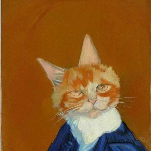 Image similar to a portrait of a ginger orange cat, wearing a light blue suit, by Vincent Van Gogh