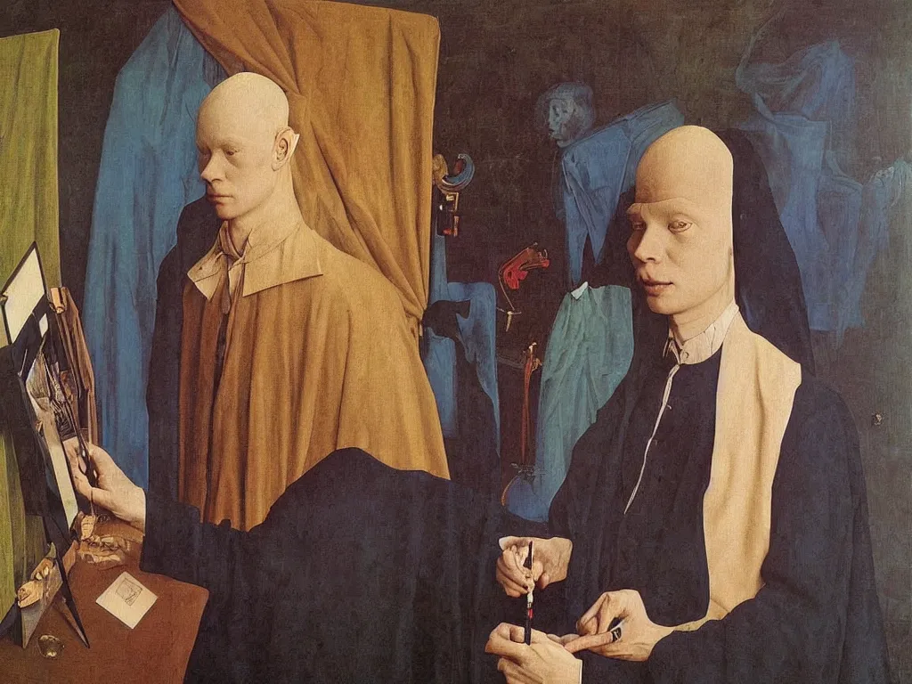 Image similar to Portrait of albino mystic with blue eyes, painting his self-portrait. Painting by Jan van Eyck, Audubon, Rene Magritte, Agnes Pelton, Max Ernst, Walton Ford