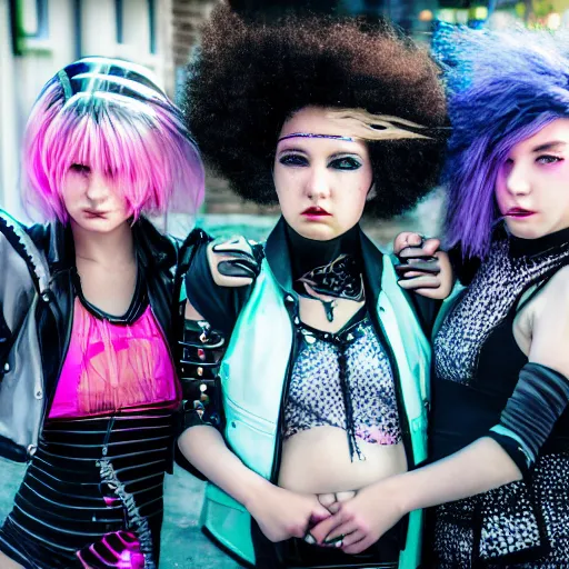 Image similar to a photo of 4 cyber - punk cyberpunk girls of different ages in different outfits, 5 0 mm lens, f 1. 4, sharp focus, ethereal, emotionally evoking, head in focus, volumetric lighting, blur dreamy outdoor,