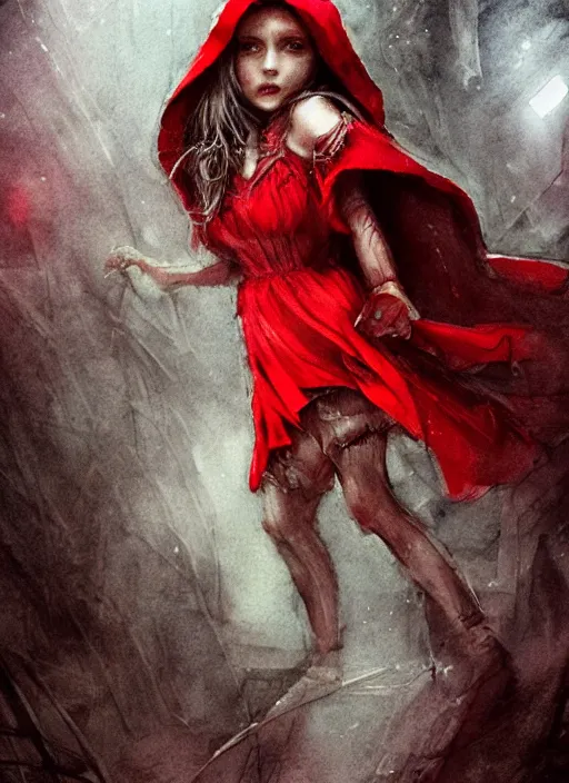 Image similar to portrait, beautiful Little red riding hood at a rave concert, watercolor, dramatic lighting, cinematic, establishing shot, extremly high detail, foto realistic, cinematic lighting, pen and ink, intricate line drawings, by Yoshitaka Amano, Ruan Jia, Kentaro Miura, Artgerm, post processed, concept art, artstation, matte painting, style by eddie mendoza, raphael lacoste, alex ross
