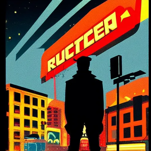 Image similar to rocket standing on a street in the middle of a cyberpunk city, neon signs, 1 9 6 0 s poster, minimalism, clouds, night time, dramatic lighting, flat design, flat colors, in the style of a soviet propaganda poster