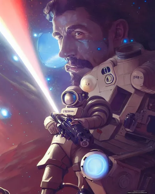 Prompt: gigachad luigi firing a laser cannon like ernest khalimov wearing a suit in the space lab, fantasy character portrait, ultra realistic, anime key visual, concept art, intricate details, highly detailed by greg rutkowski, ilya kuvshinov, gaston bussiere, craig mullins, simon bisley