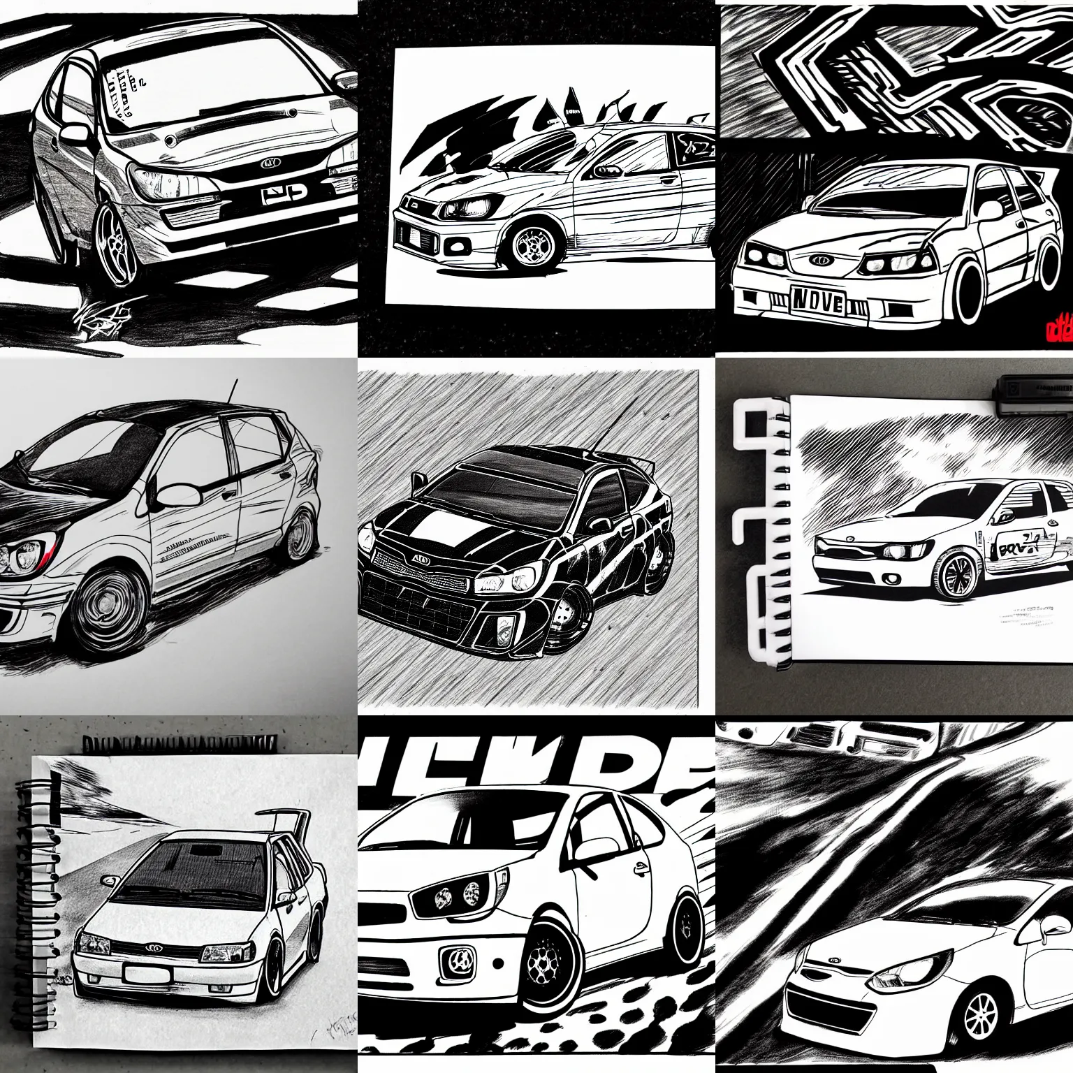Image similar to Kia Rio hatchback drifting, page from Initial D manga, ink drawing, black and white