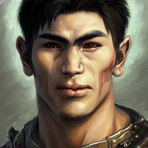 Image similar to portrait of a half orc by ayami kojima, he is about 2 0 years old, russian, manly, straight jaw, short brown hair, strong, friendly, and he is wearing a modern tactical gear, scifi, highly detailed portrait, digital painting, artstation, concept art, smooth, sharp foccus ilustration, artstation hq