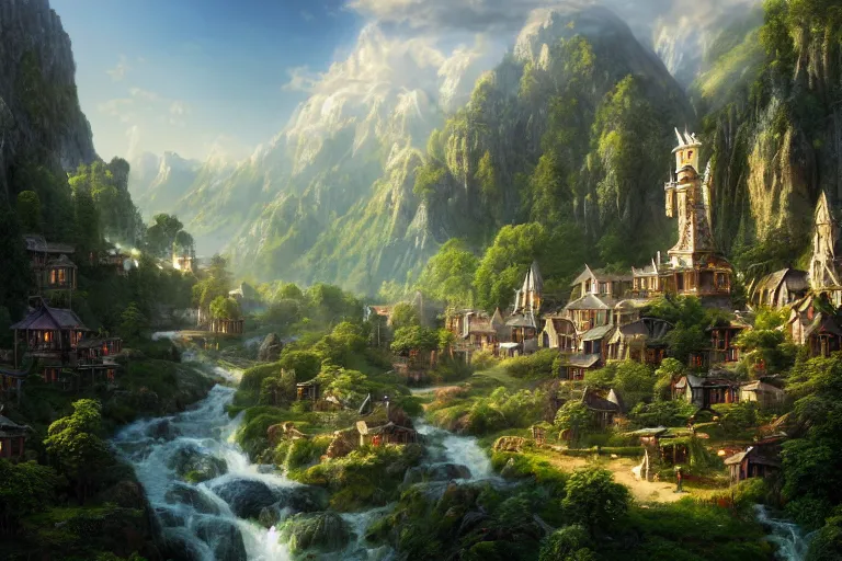 Prompt: An elven village surrounded by white monoliths surging with magic at the bottom of green hills with a river running through it, clear blue skies in the background, by Thomas Kincade, Richard Sigamani, 8k photorealistic, cinematic lighting, HD, high details, dramatic, trending on artstation