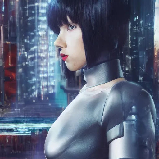 Image similar to a beautiful medium - shot still of scarlett johansson as motoko kusanagi from ghost in the shell, cyberpunk style, looking off into the distance, kusanagi hairdress, balck hairs, ultra realistic, soft, blue hour, soft neons light from night city falling on her face. focus on her eyes and brows. by annie leibowitz