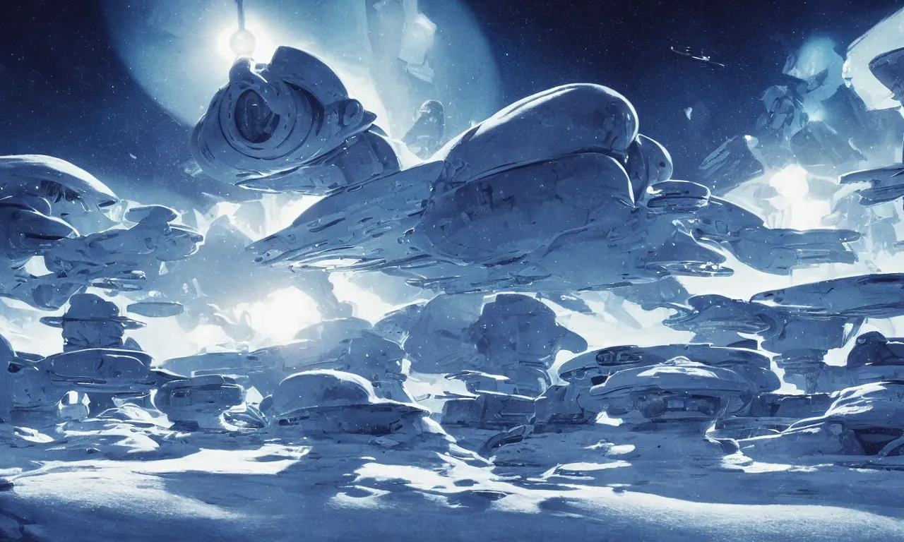 Prompt: snow alien landscape of an unexplored world, cinematic lighting, cinematic angle, Syd Mead, Federico Pelat, daylight, blue sky, spaceship in the sky