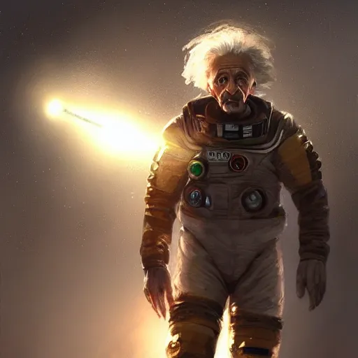 Image similar to albert einstein man in a space suit with a light in his hand, concept art by Raymond Swanland, cgsociety, afrofuturism, future tech, cryengine, concept art