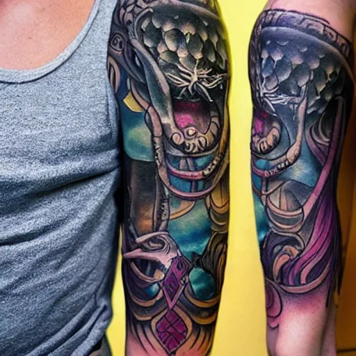 Prompt: a lovecraftian, old gods themed tattoo sleeve, covering a persons entire arm, intricate detail