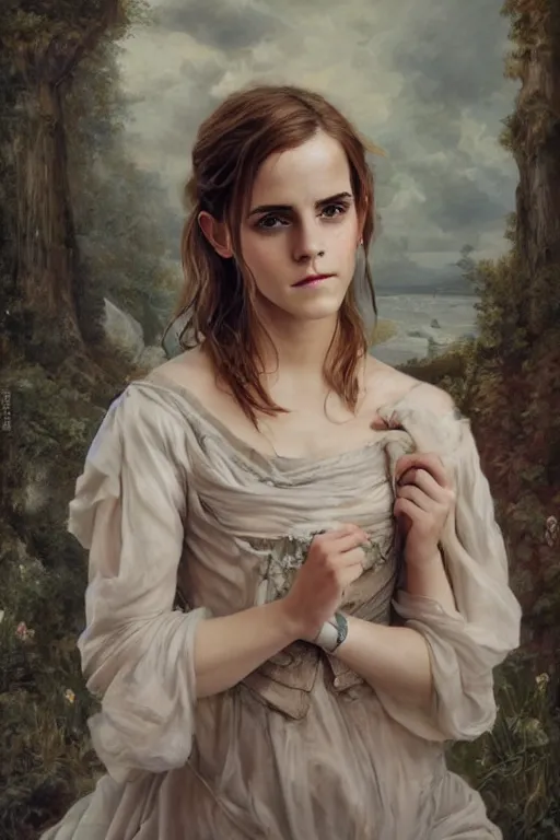 Image similar to Emma watson as a Nymph, oil on canvas, intricate, portrait, 8k highly professionally detailed, HDR, CGsociety