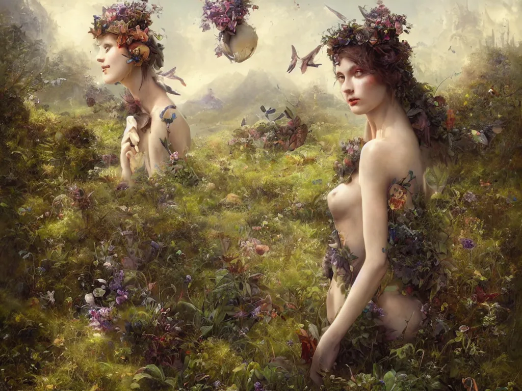 Prompt: a solarpunk very very very beautiful lush landscape of a the most beautiful nymph in a field are of broken stone words with cyborg workers picking up the broken stone and trying to put them back together, hyperrealistic, award-winning, masterpiece, in the style of Tom Bagshaw, Cedric Peyravernay, Peter Mohrbacher