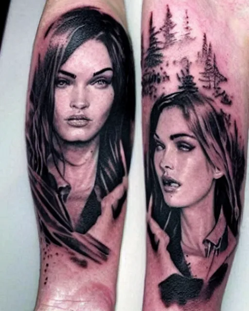 Image similar to creative double exposure effect tattoo design sketch of megan fox faded in beautiful mountain scenery, realism tattoo, in the style of matteo pasqualin, amazing detail, sharp