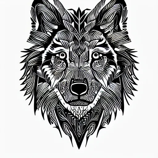 Prompt: tattoo stencil. pencil line drawing, black and white vector, wolf, photoshop