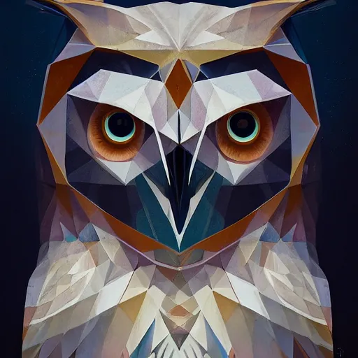 Prompt: portrait of a geometric owl, identical eyes, medium shot, illustration, full body made of white feathers, symmetrical, art stand, super detailed, cinematic lighting, and its detailed and intricate, gorgeous, by peter mohrbacher