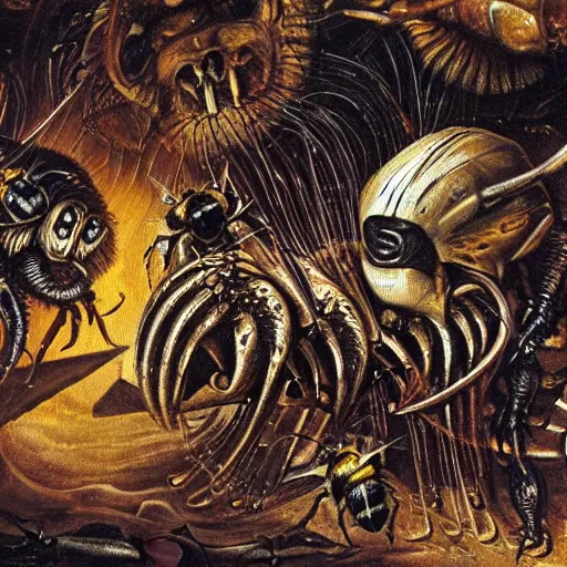 Image similar to bumblebees attacking sleeping people in hell, art by bosch and h. r. giger, highly detailed, masterpiece