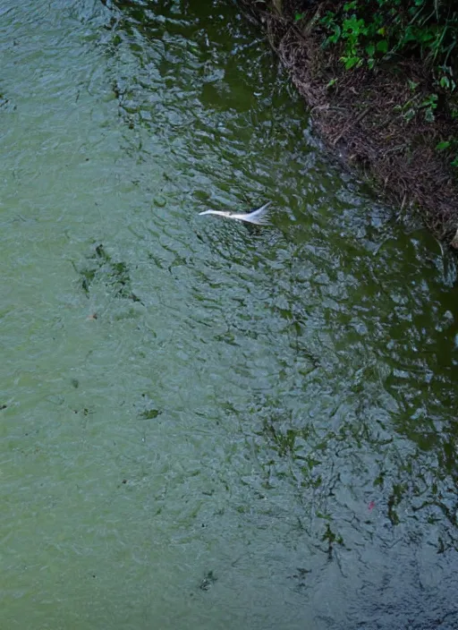 Image similar to bird swimming on its back, view from above, river, peaceful