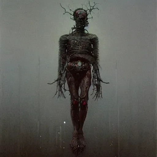 Prompt: horrific human cyborg, beksinski style painting, dark, scary, highly detailed