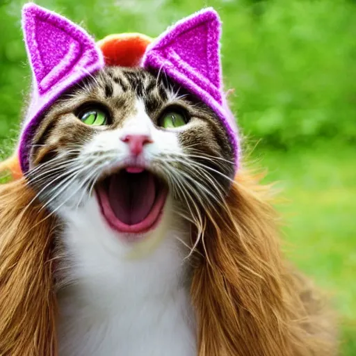 Image similar to cat photo, wearing wool hat, tongue mlem, cat ears