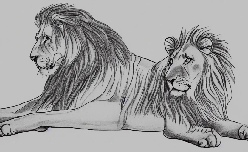Prompt: single line full body drawing of a lion lying. single line challenge. winner